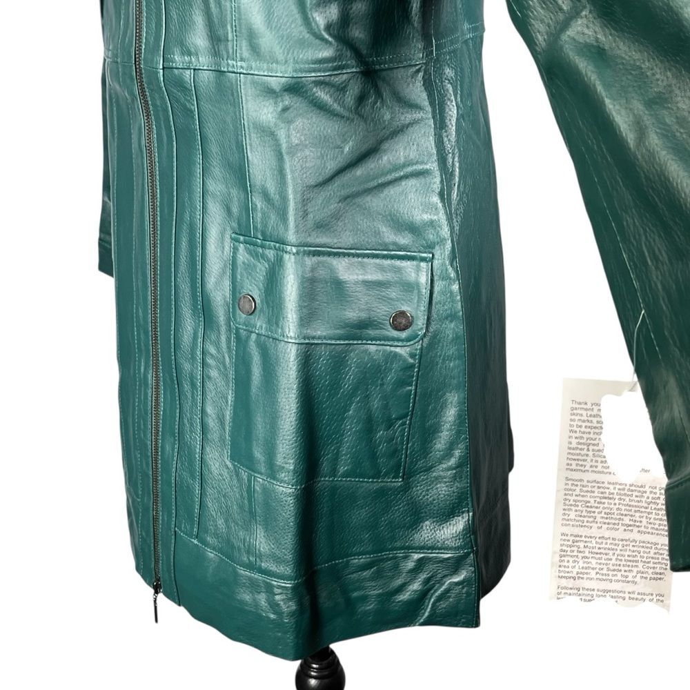 Metrostyle Green Leather Jacket Coat Long Trench A-line Glossy Women’s Size 10 - Picture 8 of 14